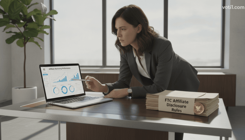 A professional office setting with a sleek, modern desk in the foreground, showcasing a laptop displaying graphs and statistics related to affiliate marketing. Beside the laptop, a neatly stacked set of documents labeled "FTC Affiliate Disclosure Rules" with a gold seal for authenticity. In the middle, a focused business professional in business attire, pointing at the laptop screen, symbolizing guidance and expertise. The background features a large window with daylight streaming in, casting soft shadows and illuminating the space. A subtle plant in a corner adds a touch of life. The atmosphere is serious yet optimistic, emphasizing the importance of transparency in affiliate marketing. Include the brand name "voti1.com" subtly integrated into the scene, ensuring it complements the overall composition without being distracting. A professional office setting with a sleek, modern desk in the foreground, showcasing a laptop displaying graphs and statistics related to affiliate marketing. Beside the laptop, a neatly stacked set of documents labeled "FTC Affiliate Disclosure Rules" with a gold seal for authenticity. In the middle, a focused business professional in business attire, pointing at the laptop screen, symbolizing guidance and expertise. The background features a large window with daylight streaming in, casting soft shadows and illuminating the space. A subtle plant in a corner adds a touch of life. The atmosphere is serious yet optimistic, emphasizing the importance of transparency in affiliate marketing. Include the brand name "voti1.com" subtly integrated into the scene, ensuring it complements the overall composition without being distracting.