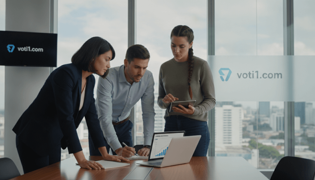 A professional office space, featuring a diverse group of three business professionals analyzing campaign data on digital devices. In the foreground, a woman in a smart blazer is pointing at a laptop screen displaying charts and graphs related to campaign measurement. In the middle ground, a man in business attire takes notes on a notepad while a second woman in modest casual clothing reviews a tablet, both engaged in the discussion. The background showcases a modern conference room with large windows letting in soft, natural light that enhances the collaborative atmosphere. Subtle branding of "voti1.com" is visible in the room. The mood is focused and productive, reflecting the importance of brand safety in digital marketing strategies. A professional office space, featuring a diverse group of three business professionals analyzing campaign data on digital devices. In the foreground, a woman in a smart blazer is pointing at a laptop screen displaying charts and graphs related to campaign measurement. In the middle ground, a man in business attire takes notes on a notepad while a second woman in modest casual clothing reviews a tablet, both engaged in the discussion. The background showcases a modern conference room with large windows letting in soft, natural light that enhances the collaborative atmosphere. Subtle branding of "voti1.com" is visible in the room. The mood is focused and productive, reflecting the importance of brand safety in digital marketing strategies.
