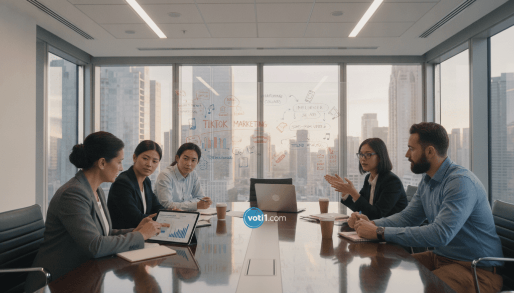 A professional setting featuring a diverse group of marketing experts collaborating around a sleek conference table. In the foreground, a middle-aged woman in business attire is pointing at a digital tablet displaying analytics, while a young man in smart casual wear takes notes. The middle ground showcases a whiteboard filled with TikTok marketing strategies and colorful graphics. In the background, large windows reveal a vibrant cityscape bathed in warm, natural light, enhancing the atmosphere of creativity and focus. The image captures a dynamic and inspiring mood, emphasizing teamwork and expertise in TikTok marketing. Include a discreet logo of "voti1.com" on a laptop on the conference table. A professional setting featuring a diverse group of marketing experts collaborating around a sleek conference table. In the foreground, a middle-aged woman in business attire is pointing at a digital tablet displaying analytics, while a young man in smart casual wear takes notes. The middle ground showcases a whiteboard filled with TikTok marketing strategies and colorful graphics. In the background, large windows reveal a vibrant cityscape bathed in warm, natural light, enhancing the atmosphere of creativity and focus. The image captures a dynamic and inspiring mood, emphasizing teamwork and expertise in TikTok marketing. Include a discreet logo of "voti1.com" on a laptop on the conference table.