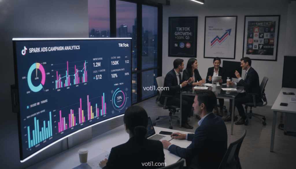 A professional setting showcasing a dynamic digital marketing team analyzing Spark Ads campaign performance on TikTok. In the foreground, two well-dressed analysts are focused on a large screen displaying vibrant, colorful graphs and metrics, illuminated by soft and strategic lighting that highlights their concentration. In the middle ground, additional team members are engaged in lively discussion, with one pointing towards specific data points, conveying a sense of collaboration and excitement. The background features a modern office space adorned with motivational posters of TikTok growth statistics and brand logos, including "voti1.com". The overall atmosphere is energetic and innovative, evoking a spirit of success in influencer marketing strategies. The angle is slightly elevated to encompass the teamwork dynamics while maintaining clarity on the detailed visuals of the performance metrics. A professional setting showcasing a dynamic digital marketing team analyzing Spark Ads campaign performance on TikTok. In the foreground, two well-dressed analysts are focused on a large screen displaying vibrant, colorful graphs and metrics, illuminated by soft and strategic lighting that highlights their concentration. In the middle ground, additional team members are engaged in lively discussion, with one pointing towards specific data points, conveying a sense of collaboration and excitement. The background features a modern office space adorned with motivational posters of TikTok growth statistics and brand logos, including "voti1.com". The overall atmosphere is energetic and innovative, evoking a spirit of success in influencer marketing strategies. The angle is slightly elevated to encompass the teamwork dynamics while maintaining clarity on the detailed visuals of the performance metrics.