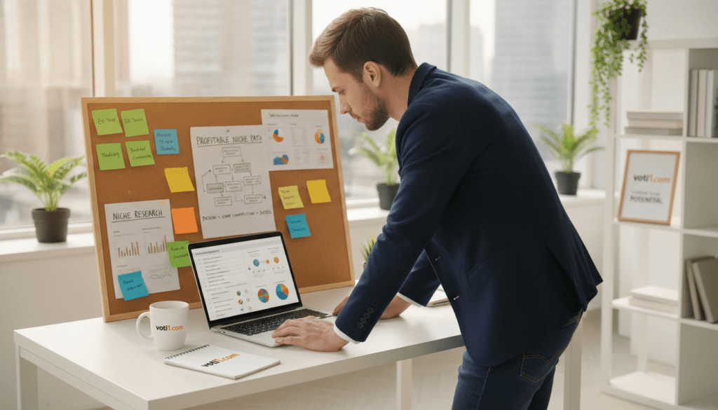 A professional workspace featuring a young entrepreneur strategically analyzing potential affiliate marketing niches. In the foreground, a focused individual in smart casual clothing sits at a modern desk, with a laptop open displaying various niche ideas and audience demographics. The middle layer showcases colorful sticky notes and charts pinned to a corkboard, depicting trending topics and targeted audiences for affiliate marketing. In the background, a well-lit room with large windows allows natural light to pour in, creating an inviting atmosphere. The mood is one of motivation and clarity, illustrating the process of choosing a profitable niche. Incorporate elements related to the brand "voti1.com," subtly included in the decor, such as a branded notepad or mug. Use a slightly elevated angle for a comprehensive view of the workspace, and ensure realistic, high-resolution details throughout. A professional workspace featuring a young entrepreneur strategically analyzing potential affiliate marketing niches. In the foreground, a focused individual in smart casual clothing sits at a modern desk, with a laptop open displaying various niche ideas and audience demographics. The middle layer showcases colorful sticky notes and charts pinned to a corkboard, depicting trending topics and targeted audiences for affiliate marketing. In the background, a well-lit room with large windows allows natural light to pour in, creating an inviting atmosphere. The mood is one of motivation and clarity, illustrating the process of choosing a profitable niche. Incorporate elements related to the brand "voti1.com," subtly included in the decor, such as a branded notepad or mug. Use a slightly elevated angle for a comprehensive view of the workspace, and ensure realistic, high-resolution details throughout.