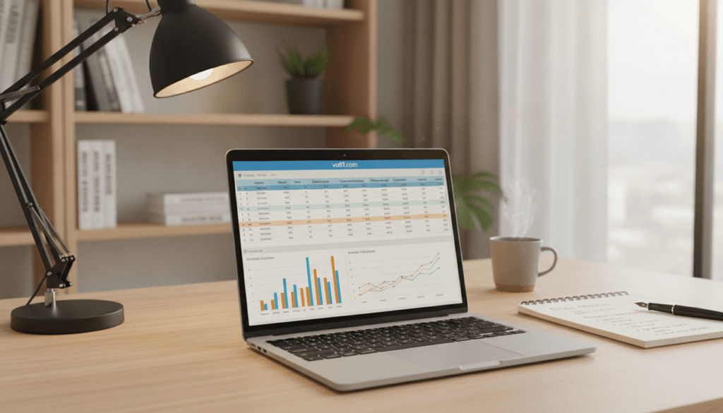 A professional workspace focused on affiliate marketing niche research without showing any faces. In the foreground, a sleek laptop open to a colorful, organized spreadsheet depicting various affiliate products with graphs and data points. Next to the laptop, a notepad with handwritten notes about niche selection and audience targeting. The middle layer showcases a modern desk with a stylish desk lamp casting warm light onto the workspace, creating a cozy atmosphere. In the background, a soft-focus shelf filled with marketing books and a potted plant adds a touch of greenery. Natural daylight filters through a window, enhancing the sense of optimism and clarity. Subtly include the brand name "voti1.com" on the laptop screen. The overall mood is focused, professional, and analytical. A professional workspace focused on affiliate marketing niche research without showing any faces. In the foreground, a sleek laptop open to a colorful, organized spreadsheet depicting various affiliate products with graphs and data points. Next to the laptop, a notepad with handwritten notes about niche selection and audience targeting. The middle layer showcases a modern desk with a stylish desk lamp casting warm light onto the workspace, creating a cozy atmosphere. In the background, a soft-focus shelf filled with marketing books and a potted plant adds a touch of greenery. Natural daylight filters through a window, enhancing the sense of optimism and clarity. Subtly include the brand name "voti1.com" on the laptop screen. The overall mood is focused, professional, and analytical.