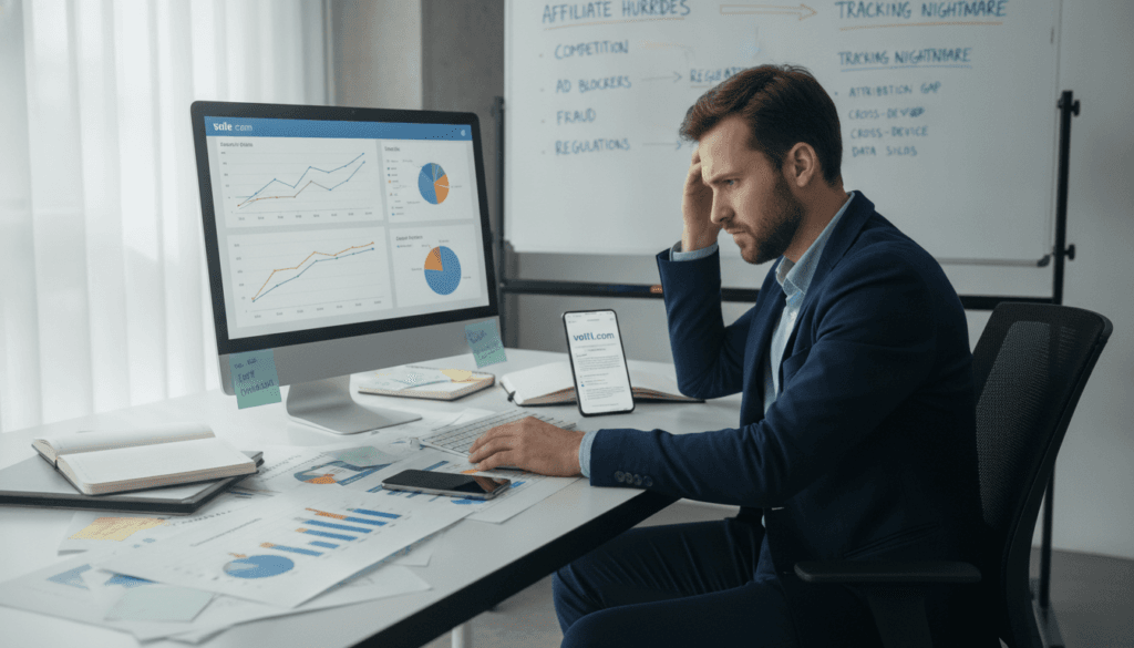 A professional workspace illustrating the challenges of affiliate marketing. In the foreground, a person in smart business attire is sitting at a desk, looking puzzled while analyzing data on a computer screen showing sales graphs and marketing channels. The middle layer features an array of documents scattered on the desk, including charts of customer engagement and a smartphone displaying the website voti1.com. In the background, a large whiteboard is filled with notes and diagrams depicting common challenges in affiliate marketing, like competition and tracking performance. Soft, natural lighting coming from a nearby window creates a focused yet slightly tense atmosphere, emphasizing the complexities of the subject while maintaining a professional tone.