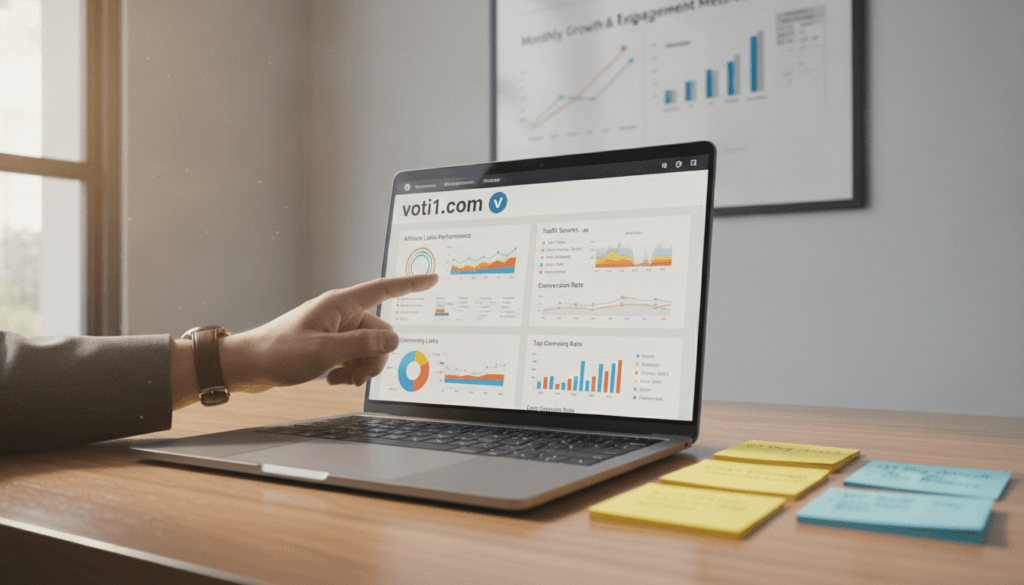 A professional workspace setting featuring a sleek laptop displaying a vibrant dashboard of tracked affiliate links from various marketing channels. In the foreground, a hand reaches towards the screen, interacting with the data. The middle ground shows sticky notes with strategic notes about marketing strategies. In the background, a chart on the wall visualizes growth and engagement metrics. Natural light streams in through a window, creating a bright and inviting atmosphere. The scene is captured from a dynamic angle, emphasizing the action of monitoring links. Ensure the brand "voti1.com" appears prominently on the laptop screen, reflecting a sense of professionalism and efficiency in online marketing. A professional workspace setting featuring a sleek laptop displaying a vibrant dashboard of tracked affiliate links from various marketing channels. In the foreground, a hand reaches towards the screen, interacting with the data. The middle ground shows sticky notes with strategic notes about marketing strategies. In the background, a chart on the wall visualizes growth and engagement metrics. Natural light streams in through a window, creating a bright and inviting atmosphere. The scene is captured from a dynamic angle, emphasizing the action of monitoring links. Ensure the brand "voti1.com" appears prominently on the laptop screen, reflecting a sense of professionalism and efficiency in online marketing.