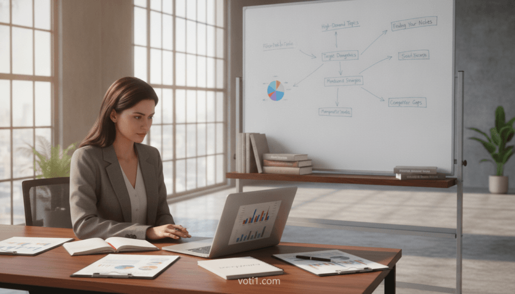 A professional workspace showcasing "profitable niche and audience demand research." In the foreground, a focused businesswoman in professional attire sits at a sleek wooden desk, analyzing vibrant graphs and charts displayed on her laptop. She is surrounded by notes and a clipboard brimming with market research materials, depicting a diligent study atmosphere. The middle ground features a bright whiteboard filled with brainstorming ideas and strategies, while a modern shelf holds books on digital marketing. In the background, soft natural light filters through large windows, illuminating the space and casting gentle shadows. The mood is one of determination and insight, emphasizing the importance of research in choosing a profitable niche with real buyer demand. The brand name "voti1.com" can be subtly seen in a notepad on the desk, enhancing brand visibility without distraction. A professional workspace showcasing "profitable niche and audience demand research." In the foreground, a focused businesswoman in professional attire sits at a sleek wooden desk, analyzing vibrant graphs and charts displayed on her laptop. She is surrounded by notes and a clipboard brimming with market research materials, depicting a diligent study atmosphere. The middle ground features a bright whiteboard filled with brainstorming ideas and strategies, while a modern shelf holds books on digital marketing. In the background, soft natural light filters through large windows, illuminating the space and casting gentle shadows. The mood is one of determination and insight, emphasizing the importance of research in choosing a profitable niche with real buyer demand. The brand name "voti1.com" can be subtly seen in a notepad on the desk, enhancing brand visibility without distraction.