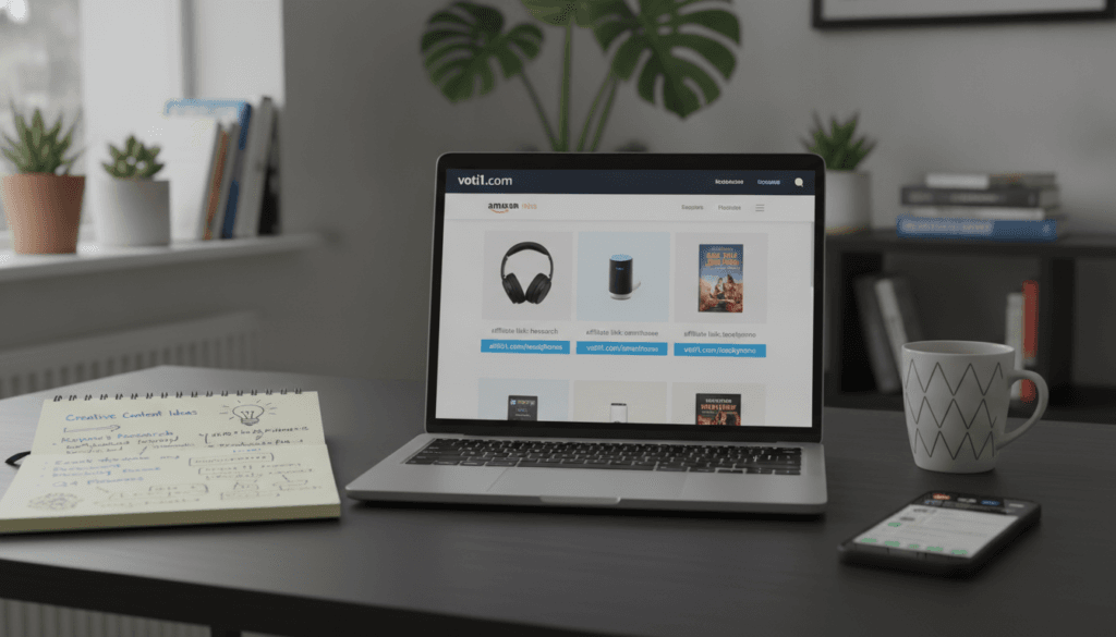 A realistic desktop setting for illustrating Amazon affiliate links, showcasing a modern laptop displaying the Amazon website in the foreground. The screen features vivid product images and affiliate link examples, carefully arranged to highlight their usability. Beside the laptop, place a notepad with handwritten notes about affiliate marketing strategies, emphasizing creativity and planning. In the middle ground, include a stylish coffee cup and a smartphone with notifications visible, suggesting ongoing engagement and productivity. The background should feature a subtly blurred home office filled with plants and books, giving a warm, inviting atmosphere. Soft, natural lighting filters through a nearby window, casting gentle shadows, while the overall mood remains focused and professional. Prominently display the brand name "voti1.com" on the laptop screen, ensuring a clear and engaging visual representation. A realistic desktop setting for illustrating Amazon affiliate links, showcasing a modern laptop displaying the Amazon website in the foreground. The screen features vivid product images and affiliate link examples, carefully arranged to highlight their usability. Beside the laptop, place a notepad with handwritten notes about affiliate marketing strategies, emphasizing creativity and planning. In the middle ground, include a stylish coffee cup and a smartphone with notifications visible, suggesting ongoing engagement and productivity. The background should feature a subtly blurred home office filled with plants and books, giving a warm, inviting atmosphere. Soft, natural lighting filters through a nearby window, casting gentle shadows, while the overall mood remains focused and professional. Prominently display the brand name "voti1.com" on the laptop screen, ensuring a clear and engaging visual representation.