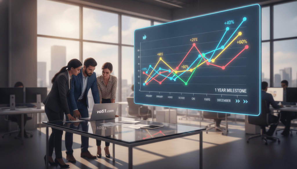 A realistic illustration of a dynamic graph depicting the growth of affiliate marketing during the first year, with colorful upward trends and data points. In the foreground, a diverse group of professionals in business attire discuss strategy over a laptop displaying "voti1.com". The middle area features a large digital screen showcasing statistics and milestones of growth—percentage increases and timeline graphics. In the background, a modern office setting with large windows illuminating the space with natural light, casting soft shadows. The atmosphere is motivational and focused, embodying a sense of progress and ambition, framed with a slight depth of field to enhance focus on the growth statistics.