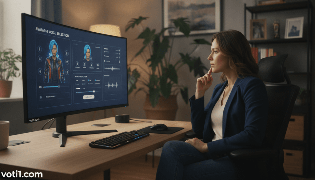 A sleek and modern digital workspace featuring a user interface for "avatar and voice selection." In the foreground, a professional-looking computer screen displays a vibrant and interactive avatar customization menu with various options for hairstyles, outfits, and voice modulations. In the middle ground, a well-dressed person in smart casual attire, slightly turned towards the screen, is thoughtfully evaluating the avatar choices, reflecting a sense of concentration and creativity. Soft, ambient lighting creates a warm atmosphere, while the background includes blurred elements of a cozy office environment, such as potted plants and shelves with books, enhancing the feel of an engaged content creator. The overall mood is focused and inspiring, highlighting the complexities of crafting personalized UGC-style videos. The brand name "voti1.com" is subtly integrated into the design of the screen without drawing attention away from the main elements.
