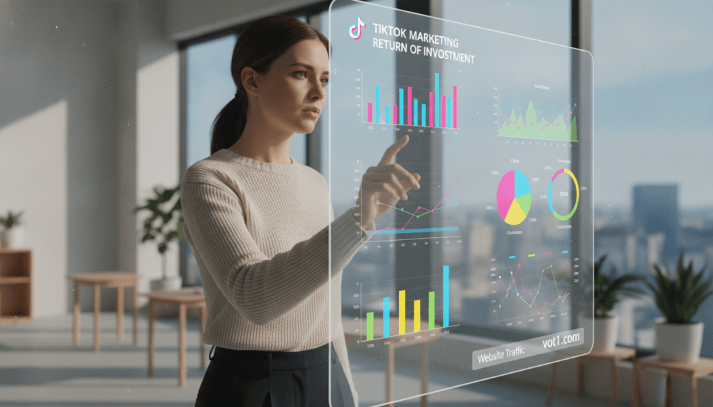 A sleek, modern office setting showcasing a professional businesswoman in smart casual attire, examining a large digital screen displaying TikTok marketing ROI analytics. Foreground: close-up of her focused expression as she interacts with the data visualizations, which include graphs, charts, and engagement metrics. Middle: the immersive digital screen filled with vibrant, colorful analytics related to TikTok marketing performance, under soft ambient lighting. Background: a stylish office space with minimalistic furniture, large windows letting in natural light that highlights a productive atmosphere. The mood is one of concentration and success, emphasizing the importance of measuring marketing results. Prominently feature "voti1.com" subtly integrated within the digital screen visuals, ensuring it aligns with the TikTok theme without detracting from the overall composition. A sleek, modern office setting showcasing a professional businesswoman in smart casual attire, examining a large digital screen displaying TikTok marketing ROI analytics. Foreground: close-up of her focused expression as she interacts with the data visualizations, which include graphs, charts, and engagement metrics. Middle: the immersive digital screen filled with vibrant, colorful analytics related to TikTok marketing performance, under soft ambient lighting. Background: a stylish office space with minimalistic furniture, large windows letting in natural light that highlights a productive atmosphere. The mood is one of concentration and success, emphasizing the importance of measuring marketing results. Prominently feature "voti1.com" subtly integrated within the digital screen visuals, ensuring it aligns with the TikTok theme without detracting from the overall composition.
