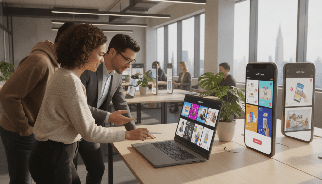 A sleek, modern workspace set in a bright, airy office environment. In the foreground, a diverse group of three professionals – a woman in smart casual attire, a man in a sharp business suit, and another individual in modest co-working attire – are actively discussing and reviewing content on a laptop screen showing engaging User-Generated Content (UGC) ad formats for TikTok. The middle ground features colorful mockups of video ads strategically placed on stylish desks, accentuating creativity and innovation. The background consists of large windows with soft natural light streaming in, reflecting a collaborative and energetic atmosphere. Elements like plants and minimalist decor enhance the professional setting. The overall mood is dynamic and focused, emphasizing teamwork and the importance of effective ad formats in digital marketing. The image subtly incorporates branding elements of "voti1.com" in the mockups without overwhelming the design.