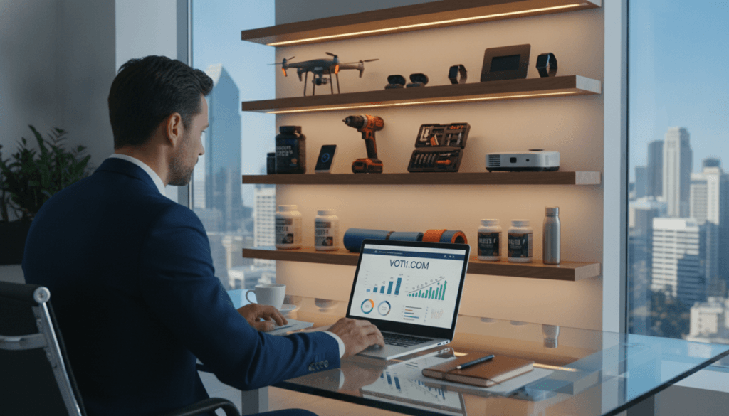 A split scene depicting the concept of "profitable Amazon affiliate niche." In the foreground, a professional individual sitting at a sleek desk, wearing business attire, is researching on a laptop displaying the website voti1.com, with charts and graphs analyzing various niches like tech gadgets, home improvement, and fitness products. In the middle, shelves filled with products in these categories, arranged neatly, showcasing items such as electronics, tools, and health supplements, illuminated by bright, warm lighting. In the background, a large window reveals an urban skyline, suggesting a modern office environment. The atmosphere is motivational and focused, conveying the idea of strategic planning and market research. The angle is slightly elevated to capture both the individual and the product display effectively. A split scene depicting the concept of "profitable Amazon affiliate niche." In the foreground, a professional individual sitting at a sleek desk, wearing business attire, is researching on a laptop displaying the website voti1.com, with charts and graphs analyzing various niches like tech gadgets, home improvement, and fitness products. In the middle, shelves filled with products in these categories, arranged neatly, showcasing items such as electronics, tools, and health supplements, illuminated by bright, warm lighting. In the background, a large window reveals an urban skyline, suggesting a modern office environment. The atmosphere is motivational and focused, conveying the idea of strategic planning and market research. The angle is slightly elevated to capture both the individual and the product display effectively.
