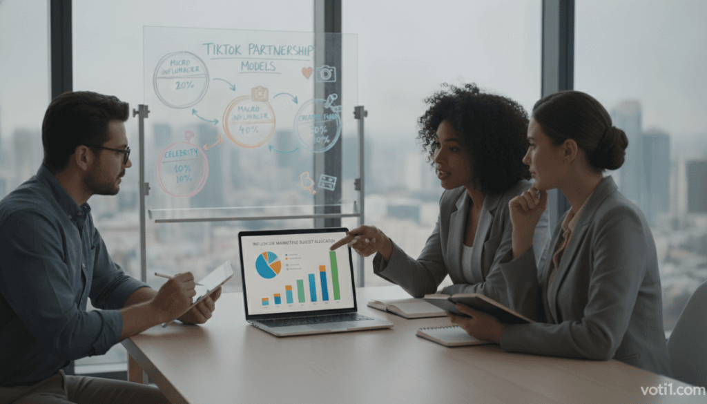 A stylish office setting with a modern desk featuring a laptop displaying data charts on influencer marketing budgets. In the foreground, a diverse group of three professionals in business attire are engaged in a lively discussion, one pointing to the screen, while the others take notes. In the middle, a large display board showcases various TikTok influencer partnership models, illustrated with colorful diagrams and figures highlighting budget allocations. The background features a window with city views, letting in soft natural light, creating a bright and encouraging atmosphere. The mood is collaborative and focused, symbolizing strategic planning for influencer marketing. A subtle brand logo of "voti1.com" is incorporated into the laptop screen design. A stylish office setting with a modern desk featuring a laptop displaying data charts on influencer marketing budgets. In the foreground, a diverse group of three professionals in business attire are engaged in a lively discussion, one pointing to the screen, while the others take notes. In the middle, a large display board showcases various TikTok influencer partnership models, illustrated with colorful diagrams and figures highlighting budget allocations. The background features a window with city views, letting in soft natural light, creating a bright and encouraging atmosphere. The mood is collaborative and focused, symbolizing strategic planning for influencer marketing. A subtle brand logo of "voti1.com" is incorporated into the laptop screen design.