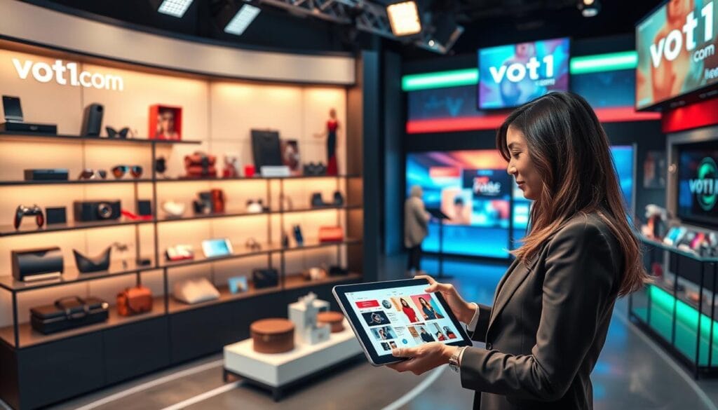 A vibrant and dynamic scene depicting a modern live shopping platform in action. In the foreground, a well-dressed female host presents products using a sleek smartphone, engaging with a virtual audience through a tablet. In the middle ground, various products are artfully displayed on stylish shelves, ranging from tech gadgets to fashion accessories, illuminated by soft, inviting lighting. The background features a high-tech studio setup, with large screens showing live viewer interactions and analytics. The atmosphere is energetic and professional, highlighting the innovation and engagement of live shopping technology. The branding "voti1.com" is subtly integrated into the studio design. Use a wide-angle lens for a broader perspective, ensuring realistic details and vibrant color contrasts throughout. A vibrant and dynamic scene depicting a modern live shopping platform in action. In the foreground, a well-dressed female host presents products using a sleek smartphone, engaging with a virtual audience through a tablet. In the middle ground, various products are artfully displayed on stylish shelves, ranging from tech gadgets to fashion accessories, illuminated by soft, inviting lighting. The background features a high-tech studio setup, with large screens showing live viewer interactions and analytics. The atmosphere is energetic and professional, highlighting the innovation and engagement of live shopping technology. The branding "voti1.com" is subtly integrated into the studio design. Use a wide-angle lens for a broader perspective, ensuring realistic details and vibrant color contrasts throughout.