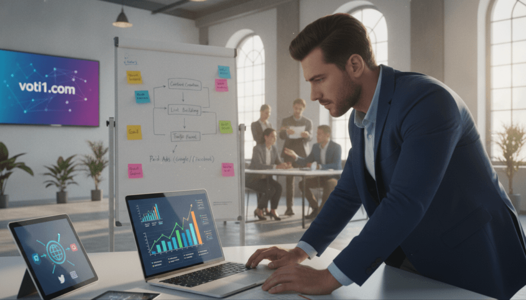 A vibrant and engaging digital workspace scene illustrating SEO and affiliate marketing traffic strategies. In the foreground, a professional in smart business attire is analyzing data on a laptop, showcasing vivid graphs and analytics related to search engine optimization and social media metrics. The middle ground features a whiteboard filled with colorful post-it notes and charts detailing traffic sources like email marketing and paid advertising. In the background, a modern office environment with large windows letting in soft, natural light creates a warm atmosphere. The focus is on collaboration and strategic planning, with a subtle hint of the brand name "voti1.com" represented on a digital screen. The overall mood should convey innovation, professionalism, and strategic thinking in digital marketing. A vibrant and engaging digital workspace scene illustrating SEO and affiliate marketing traffic strategies. In the foreground, a professional in smart business attire is analyzing data on a laptop, showcasing vivid graphs and analytics related to search engine optimization and social media metrics. The middle ground features a whiteboard filled with colorful post-it notes and charts detailing traffic sources like email marketing and paid advertising. In the background, a modern office environment with large windows letting in soft, natural light creates a warm atmosphere. The focus is on collaboration and strategic planning, with a subtle hint of the brand name "voti1.com" represented on a digital screen. The overall mood should convey innovation, professionalism, and strategic thinking in digital marketing.