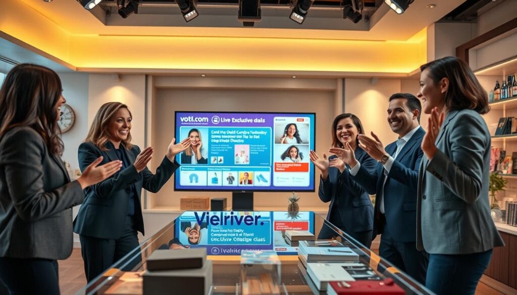 A vibrant and engaging live shopping experience scene featuring a diverse group of three professional presenters in modern business attire, enthusiastically showcasing products to an online audience. The foreground includes a stylish studio setup with well-lit product displays, each item clearly visible. In the middle ground, a large monitor displays a dynamic digital interface showing viewer interactions and exclusive deals from "voti1.com." The background features soft, warm lighting that creates an inviting atmosphere, enhancing the feeling of connection and excitement. Use a wide-angle lens to capture the energy of the space, with focus on the presenters’ facial expressions and enthusiastic gestures, conveying a sense of immediacy and engagement that draws viewers in.