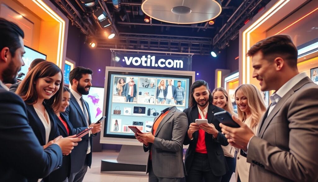 A vibrant and engaging live shopping promotion scene showcasing a modern digital storefront. In the foreground, a diverse group of professionally dressed individuals, representing hosts and viewers, interact enthusiastically with their devices. The middle ground features a sleek digital display featuring the logo "voti1.com," showcasing products like fashion accessories and electronics, attracting viewers. In the background, a well-lit studio environment with bright accents, cameras, and monitors displays excitement and enthusiasm. The lighting is warm and inviting, creating an energetic atmosphere that emphasizes connection and engagement. The angle is slightly dynamic, capturing the action and interest of the livestream, highlighting the thrill of live shopping promotions. The scene is devoid of any text overlays or distractions. A vibrant and engaging live shopping promotion scene showcasing a modern digital storefront. In the foreground, a diverse group of professionally dressed individuals, representing hosts and viewers, interact enthusiastically with their devices. The middle ground features a sleek digital display featuring the logo "voti1.com," showcasing products like fashion accessories and electronics, attracting viewers. In the background, a well-lit studio environment with bright accents, cameras, and monitors displays excitement and enthusiasm. The lighting is warm and inviting, creating an energetic atmosphere that emphasizes connection and engagement. The angle is slightly dynamic, capturing the action and interest of the livestream, highlighting the thrill of live shopping promotions. The scene is devoid of any text overlays or distractions.
