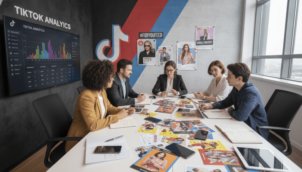 A vibrant and engaging office setting showcasing professionals strategizing TikTok influencer marketing. In the foreground, a diverse group of four individuals, dressed in smart business attire, are gathered around a large screen displaying TikTok analytics and colorful graphs. The middle layer features a large table cluttered with mobile devices, notepads, and vibrant marketing materials depicting various influencers. In the background, a wall adorned with TikTok branding and posters highlights trending content. Soft, natural light pours in from large windows, creating a bright and energetic atmosphere. The angle is slightly elevated, capturing the hustle of a dynamic team environment. The scene conveys a sense of collaboration and innovation, emphasizing how TikTok helps brands engage with their ideal audience effectively. The brand name "voti1.com" is subtly integrated into the marketing materials on the table.