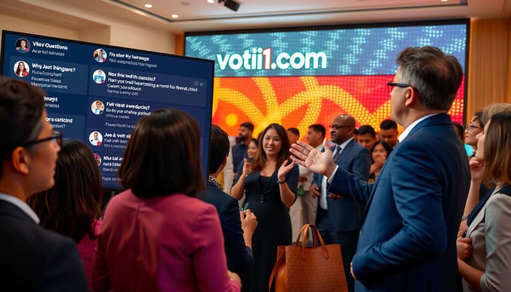 A vibrant and engaging scene depicting an online TikTok live shopping event, focused on viewer questions and interactions. In the foreground, a diverse group of engaged customers, dressed in professional business attire, are observing a large screen displaying various TikTok live comments and questions about products. The middle ground features a lively host enthusiastically showcasing items, gesturing towards the camera with an inviting smile. In the background, a colorful, illuminated backdrop displays the brand logo "voti1.com", creating a sense of brand engagement. Soft, warm lighting enhances the mood, with a lens angle that captures both the audience's excitement and the host's dynamic presentation. The atmosphere is upbeat and interactive, emphasizing the importance of viewer participation in driving sales. A vibrant and engaging scene depicting an online TikTok live shopping event, focused on viewer questions and interactions. In the foreground, a diverse group of engaged customers, dressed in professional business attire, are observing a large screen displaying various TikTok live comments and questions about products. The middle ground features a lively host enthusiastically showcasing items, gesturing towards the camera with an inviting smile. In the background, a colorful, illuminated backdrop displays the brand logo "voti1.com", creating a sense of brand engagement. Soft, warm lighting enhances the mood, with a lens angle that captures both the audience's excitement and the host's dynamic presentation. The atmosphere is upbeat and interactive, emphasizing the importance of viewer participation in driving sales.