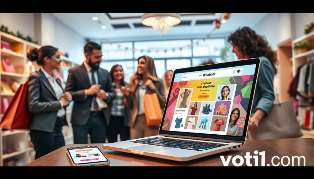 A vibrant and engaging scene depicting the excitement of online shopping giveaways and flash sales. In the foreground, a stylish laptop opened to a colorful Whatnot live shopping event, displaying enticing product images with eye-catching 'Buy It Now' buttons. A smartphone nearby shows notifications for flash sales. The middle ground features a diverse group of shoppers, dressed in professional business attire and modest casual clothing, eagerly discussing deals and sharing tips among themselves. In the background, a bright, modern room filled with shopping items, festive decorations, and a soft, inviting light creates a warm atmosphere. The overall mood is upbeat and energetic, capturing the thrill of smart purchasing decisions. The brand name "voti1.com" subtly integrated into the scene. A vibrant and engaging scene depicting the excitement of online shopping giveaways and flash sales. In the foreground, a stylish laptop opened to a colorful Whatnot live shopping event, displaying enticing product images with eye-catching 'Buy It Now' buttons. A smartphone nearby shows notifications for flash sales. The middle ground features a diverse group of shoppers, dressed in professional business attire and modest casual clothing, eagerly discussing deals and sharing tips among themselves. In the background, a bright, modern room filled with shopping items, festive decorations, and a soft, inviting light creates a warm atmosphere. The overall mood is upbeat and energetic, capturing the thrill of smart purchasing decisions. The brand name "voti1.com" subtly integrated into the scene.