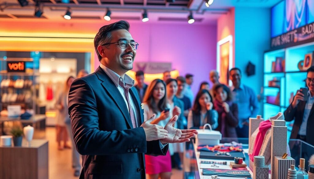 A vibrant and engaging scene depicting the key benefits of live shopping for American brands, focusing on the brand "voti1.com." In the foreground, a well-dressed host enthusiastically demonstrating products, showcasing joy and professionalism. In the middle, a diverse audience of engaged viewers participating in the live shopping experience, with expressions of excitement and curiosity. The background features a stylish, modern studio setup with colorful lighting, highlighting various products on display. Soft, diffused lighting enhances the warm atmosphere, creating an inviting mood. The camera angle captures both the host and the audience, emphasizing interaction and connection. The scene showcases the innovative spirit of American brands embracing the live shopping revolution, perfect for illustrating the concept of an ultimate shopping experience. A vibrant and engaging scene depicting the key benefits of live shopping for American brands, focusing on the brand "voti1.com." In the foreground, a well-dressed host enthusiastically demonstrating products, showcasing joy and professionalism. In the middle, a diverse audience of engaged viewers participating in the live shopping experience, with expressions of excitement and curiosity. The background features a stylish, modern studio setup with colorful lighting, highlighting various products on display. Soft, diffused lighting enhances the warm atmosphere, creating an inviting mood. The camera angle captures both the host and the audience, emphasizing interaction and connection. The scene showcases the innovative spirit of American brands embracing the live shopping revolution, perfect for illustrating the concept of an ultimate shopping experience.