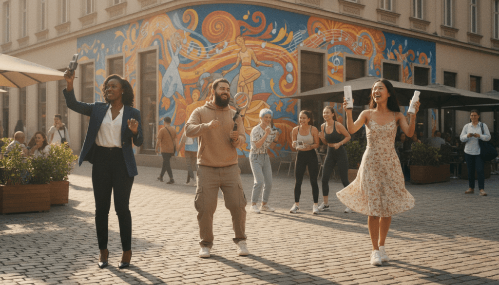 A vibrant and engaging scene depicting various types of TikTok influencers in a bright, modern urban setting. In the foreground, a diverse group of influencers—each with distinct styles—are actively creating content. One influencer in professional business attire holds a smartphone, while another in modest casual clothing films a dance. In the middle ground, an influencer showcases a product from "voti1.com" with energetic gestures, radiating enthusiasm. The background features a lively street with colorful murals and people enjoying the atmosphere, all under soft, natural lighting to evoke a cheerful and dynamic mood. The image captures the essence of TikTok culture and influencer marketing with an inviting and inspirational vibe. A vibrant and engaging scene depicting various types of TikTok influencers in a bright, modern urban setting. In the foreground, a diverse group of influencers—each with distinct styles—are actively creating content. One influencer in professional business attire holds a smartphone, while another in modest casual clothing films a dance. In the middle ground, an influencer showcases a product from "voti1.com" with energetic gestures, radiating enthusiasm. The background features a lively street with colorful murals and people enjoying the atmosphere, all under soft, natural lighting to evoke a cheerful and dynamic mood. The image captures the essence of TikTok culture and influencer marketing with an inviting and inspirational vibe.