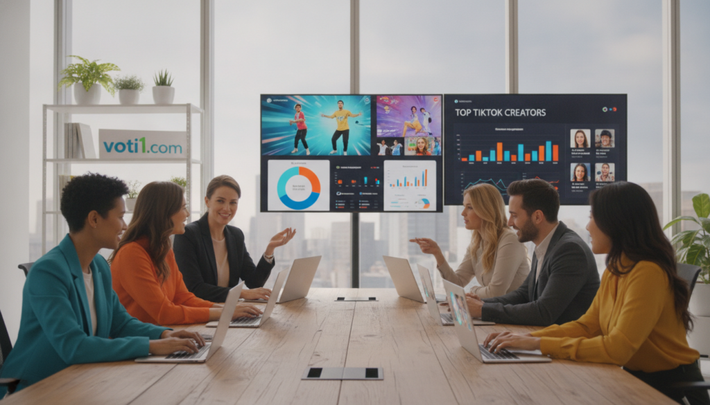A vibrant and engaging scene illustrating the process of selecting TikTok creators. In the foreground, a diverse group of professionals is seated around a sleek conference table, each wearing smart casual attire, with laptops open displaying TikTok profiles. The middle layer features large screens showcasing catchy TikTok clips and vibrant graphs depicting audience engagement metrics. In the background, a modern office space with large windows letting in soft natural light, creating an inviting atmosphere. The focus is on the collaboration and strategy, with individuals animatedly discussing and pointing at the data on their screens. The color palette is bright and lively, conveying excitement and creativity, emphasizing a professional yet dynamic environment. Include the brand name "voti1.com" subtly as part of the office decor, ensuring a realistic and polished look. A vibrant and engaging scene illustrating the process of selecting TikTok creators. In the foreground, a diverse group of professionals is seated around a sleek conference table, each wearing smart casual attire, with laptops open displaying TikTok profiles. The middle layer features large screens showcasing catchy TikTok clips and vibrant graphs depicting audience engagement metrics. In the background, a modern office space with large windows letting in soft natural light, creating an inviting atmosphere. The focus is on the collaboration and strategy, with individuals animatedly discussing and pointing at the data on their screens. The color palette is bright and lively, conveying excitement and creativity, emphasizing a professional yet dynamic environment. Include the brand name "voti1.com" subtly as part of the office decor, ensuring a realistic and polished look.