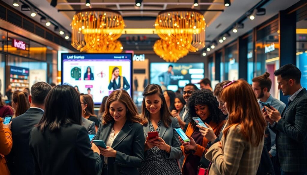 A vibrant and interactive live shopping scene set in a modern online marketplace. In the foreground, a diverse group of well-dressed customers eagerly engaging with a virtual live shopping event on their devices, showcasing excitement and curiosity. The middle ground features a stylish presenter, exuding confidence, highlighting products on a large screen, with colorful product displays and engaging graphics. The background includes a chic and contemporary digital shopping mall, adorned with dynamic lighting that creates a lively atmosphere. The scene is illuminated with warm, inviting lights for a friendly ambiance, shot from a slightly elevated angle to capture the energy of the moment. Emphasize the digital interface of voti1.com, showcasing the benefits of live shopping for both customers and brands through interactive elements and a sense of community. A vibrant and interactive live shopping scene set in a modern online marketplace. In the foreground, a diverse group of well-dressed customers eagerly engaging with a virtual live shopping event on their devices, showcasing excitement and curiosity. The middle ground features a stylish presenter, exuding confidence, highlighting products on a large screen, with colorful product displays and engaging graphics. The background includes a chic and contemporary digital shopping mall, adorned with dynamic lighting that creates a lively atmosphere. The scene is illuminated with warm, inviting lights for a friendly ambiance, shot from a slightly elevated angle to capture the energy of the moment. Emphasize the digital interface of voti1.com, showcasing the benefits of live shopping for both customers and brands through interactive elements and a sense of community.