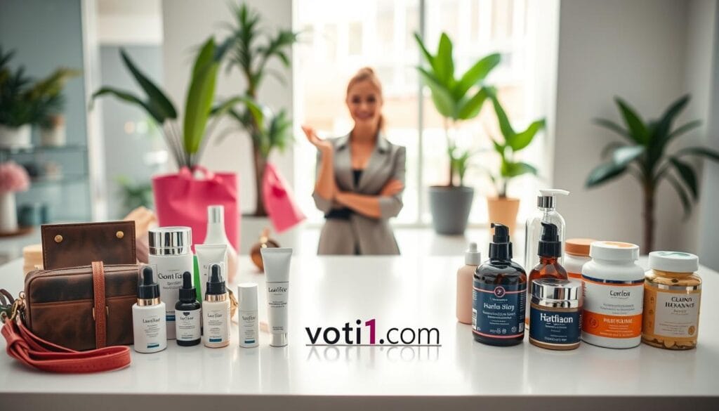 A vibrant and modern e-commerce setup featuring a curated selection of fashion, beauty, and health products displayed elegantly on a sleek, minimalist countertop. In the foreground, showcase a variety of high-quality skincare products, trendy fashion accessories, and health supplements, each meticulously arranged. The middle ground should feature a well-dressed model in stylish yet professional attire, demonstrating the products with a friendly smile. The background should depict a bright, airy environment with soft natural lighting, perhaps blending indoor plants for a fresh feel. Use a 35mm lens for clarity and depth of field to draw attention to the products. The overall atmosphere should feel inviting, upscale, and dynamic, embodying the exciting world of live shopping. The brand “voti1.com” should be subtly integrated into the scene as part of the product presentation.