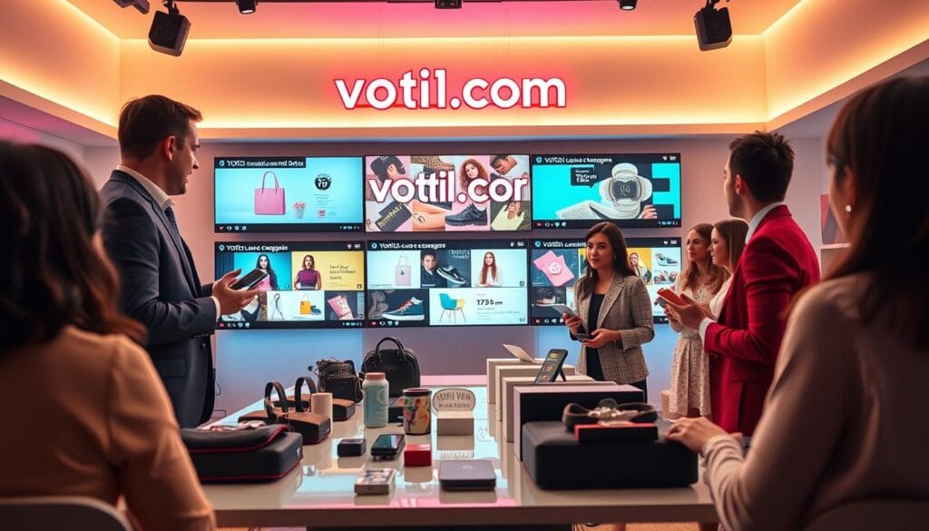 A vibrant, engaging scene depicting a live shopping ads strategy for TikTok, focused on the setting of a modern, well-lit studio. In the foreground, a professional presenter in smart business attire showcases trendy products on a sleek table, interacting enthusiastically with an off-camera audience. In the middle ground, multiple screens display TikTok live streams with colorful visuals representing various product categories being promoted in real-time. The background features a stylish neon sign of "voti1.com," emphasizing brand presence. Soft, dynamic lighting casts a warm, inviting atmosphere while maintaining a sense of urgency. The angle is slightly elevated, providing a comprehensive view of the interaction and vibrant energy of the live shopping event, capturing the essence of how live shopping ads can outperform traditional TikTok ads. A vibrant, engaging scene depicting a live shopping ads strategy for TikTok, focused on the setting of a modern, well-lit studio. In the foreground, a professional presenter in smart business attire showcases trendy products on a sleek table, interacting enthusiastically with an off-camera audience. In the middle ground, multiple screens display TikTok live streams with colorful visuals representing various product categories being promoted in real-time. The background features a stylish neon sign of "voti1.com," emphasizing brand presence. Soft, dynamic lighting casts a warm, inviting atmosphere while maintaining a sense of urgency. The angle is slightly elevated, providing a comprehensive view of the interaction and vibrant energy of the live shopping event, capturing the essence of how live shopping ads can outperform traditional TikTok ads.