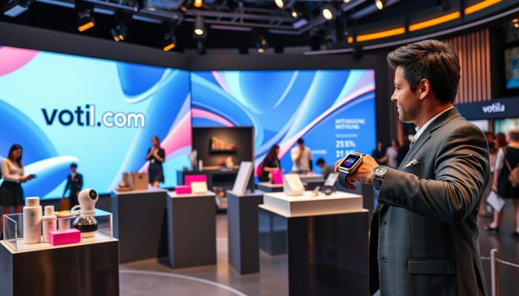 A vibrant live shopping event set in a modern studio environment showcasing various industries. In the foreground, a charismatic host in professional business attire enthusiastically demonstrates innovative tech gadgets, holding a sleek smartwatch with a glowing screen. In the middle, various products like skincare items, kitchen appliances, and fashion accessories are elegantly displayed on stylish podiums, illuminated by bright, dynamic lighting. The background features a large digital screen with the logo 'voti1.com', flowing graphics, and live engagement metrics, adding an interactive feel. The atmosphere is lively and energetic, capturing the essence of contemporary shopping trends in 2026, with a focus on consumer engagement and connection.