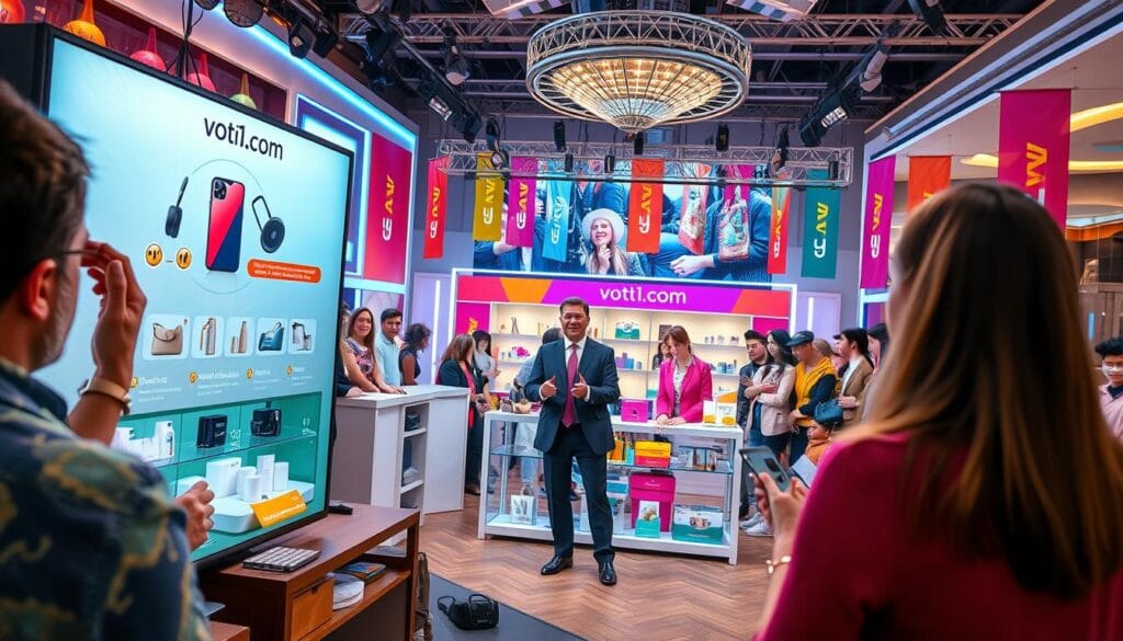 A vibrant live shopping event setup, showcasing a modern studio filled with soft, ambient lighting enhancing the dynamic atmosphere. In the foreground, a knowledgeable host dressed in professional attire enthusiastically engages with a diverse audience through a chic digital screen displaying enticing product offers from voti1.com. The middle ground features elegantly arranged shelves stocked with various appealing products, emphasizing the excitement of the shopping experience. In the background, colorful banners and intricate lighting highlight the live stream setup, capturing the energy of an engaging online event. The scene conveys a sense of urgency and enthusiasm, inviting viewers to participate in the deals being presented. The angle captures both the host and the audience, immersing the viewers in the lively environment of the shopping event. A vibrant live shopping event setup, showcasing a modern studio filled with soft, ambient lighting enhancing the dynamic atmosphere. In the foreground, a knowledgeable host dressed in professional attire enthusiastically engages with a diverse audience through a chic digital screen displaying enticing product offers from voti1.com. The middle ground features elegantly arranged shelves stocked with various appealing products, emphasizing the excitement of the shopping experience. In the background, colorful banners and intricate lighting highlight the live stream setup, capturing the energy of an engaging online event. The scene conveys a sense of urgency and enthusiasm, inviting viewers to participate in the deals being presented. The angle captures both the host and the audience, immersing the viewers in the lively environment of the shopping event.
