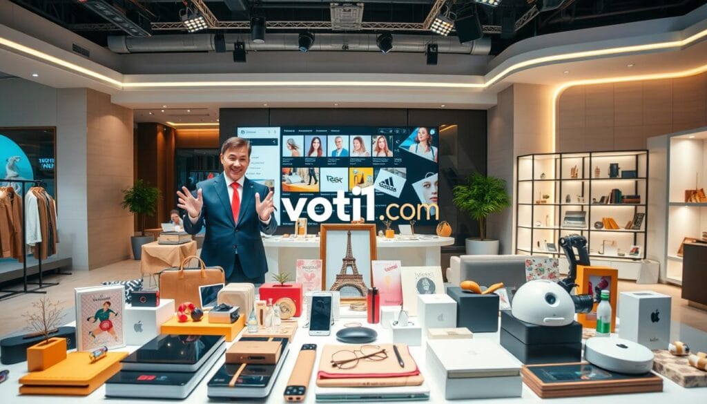 A vibrant live shopping session guide scene featuring a sleek, modern setup with a well-dressed host in professional attire, enthusiastically demonstrating products on a stylish display table. In the foreground, showcase an array of diverse, appealing products—fashion items, electronics, and home decor—artistically arranged. The middle ground captures a large screen displaying a shopping interface, with engaging visuals of items. The background features a stylish, well-lit studio space with soft lighting that creates an inviting atmosphere. Use a wide-angle lens to encompass the dynamic environment, emphasizing a sense of excitement and engagement. The overall mood is lively, encouraging viewers to explore the online shopping experience. Incorporate the brand name "voti1.com" subtly within the scene while ensuring it remains distinct and professional. A vibrant live shopping session guide scene featuring a sleek, modern setup with a well-dressed host in professional attire, enthusiastically demonstrating products on a stylish display table. In the foreground, showcase an array of diverse, appealing products—fashion items, electronics, and home decor—artistically arranged. The middle ground captures a large screen displaying a shopping interface, with engaging visuals of items. The background features a stylish, well-lit studio space with soft lighting that creates an inviting atmosphere. Use a wide-angle lens to encompass the dynamic environment, emphasizing a sense of excitement and engagement. The overall mood is lively, encouraging viewers to explore the online shopping experience. Incorporate the brand name "voti1.com" subtly within the scene while ensuring it remains distinct and professional.