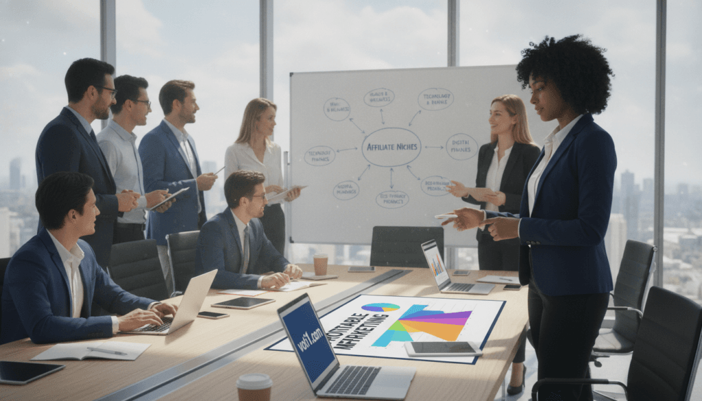 A vibrant office workspace showcasing a diverse group of professionals engaged in lively discussion around a sleek, modern table filled with laptops, charts, and digital devices. In the foreground, a woman in smart business attire is pointing at a colorful infographic titled "Profitable Affiliate Marketing Niche". The middle section of the image features a large whiteboard filled with brainstorming notes and a mind map illustrating various niches, like health, technology, and finance. The background includes large windows with a bright, sunny day outside, casting natural light throughout the room. The mood is energetic and collaborative, ideal for conveying innovation and success in affiliate marketing. Subtly incorporate the brand logo "voti1.com" on a laptop screen. A vibrant office workspace showcasing a diverse group of professionals engaged in lively discussion around a sleek, modern table filled with laptops, charts, and digital devices. In the foreground, a woman in smart business attire is pointing at a colorful infographic titled "Profitable Affiliate Marketing Niche". The middle section of the image features a large whiteboard filled with brainstorming notes and a mind map illustrating various niches, like health, technology, and finance. The background includes large windows with a bright, sunny day outside, casting natural light throughout the room. The mood is energetic and collaborative, ideal for conveying innovation and success in affiliate marketing. Subtly incorporate the brand logo "voti1.com" on a laptop screen.