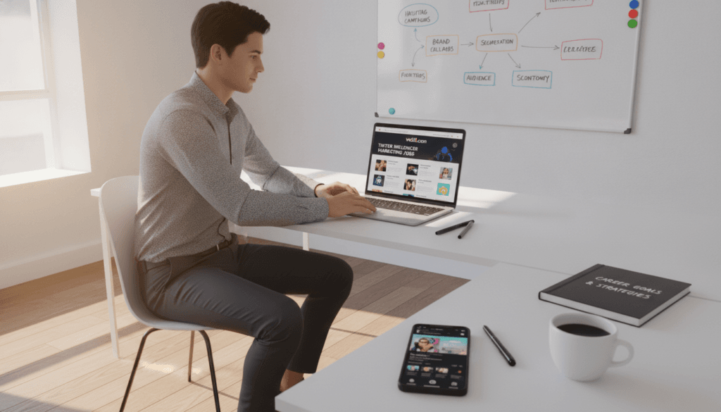 A vibrant, professional workspace scene showcasing an individual in smart casual attire, seated at a modern desk with a laptop open to voti1.com, highlighting job listings for TikTok influencer marketing roles. In the foreground, focus on a smartphone displaying TikTok's interface, surrounded by stylish stationery and a notepad with career notes. The middle layer features a large window letting in warm, natural light, illuminating the space and casting soft shadows. The background includes a whiteboard filled with brainstorming ideas related to social media marketing and influencer strategies. The mood is energetic and optimistic, signifying opportunities in the growing world of influencer jobs, with a hint of creativity and professionalism. A vibrant, professional workspace scene showcasing an individual in smart casual attire, seated at a modern desk with a laptop open to voti1.com, highlighting job listings for TikTok influencer marketing roles. In the foreground, focus on a smartphone displaying TikTok's interface, surrounded by stylish stationery and a notepad with career notes. The middle layer features a large window letting in warm, natural light, illuminating the space and casting soft shadows. The background includes a whiteboard filled with brainstorming ideas related to social media marketing and influencer strategies. The mood is energetic and optimistic, signifying opportunities in the growing world of influencer jobs, with a hint of creativity and professionalism.