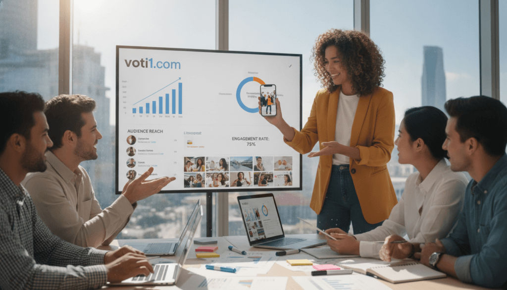 A vibrant scene depicting a diverse group of young professionals engaging in a creative brainstorming session for a marketing campaign. In the foreground, a woman in smart casual attire shares ideas with colleagues, showcasing a mock TikTok video on her smartphone. The middle ground features a table filled with colorful marketing materials and laptops displaying user-generated content, while a projector screen displays engaging metrics and audience engagement stats for the brand "voti1.com." In the background, a large window reveals a bright cityscape, reflecting an energetic, dynamic atmosphere. The scene is well-lit with natural light streaming in, casting soft shadows and highlighting the excitement of collaboration. The mood is optimistic and forward-thinking, capturing the essence of influencer marketing and user-generated content success. A vibrant scene depicting a diverse group of young professionals engaging in a creative brainstorming session for a marketing campaign. In the foreground, a woman in smart casual attire shares ideas with colleagues, showcasing a mock TikTok video on her smartphone. The middle ground features a table filled with colorful marketing materials and laptops displaying user-generated content, while a projector screen displays engaging metrics and audience engagement stats for the brand "voti1.com." In the background, a large window reveals a bright cityscape, reflecting an energetic, dynamic atmosphere. The scene is well-lit with natural light streaming in, casting soft shadows and highlighting the excitement of collaboration. The mood is optimistic and forward-thinking, capturing the essence of influencer marketing and user-generated content success.