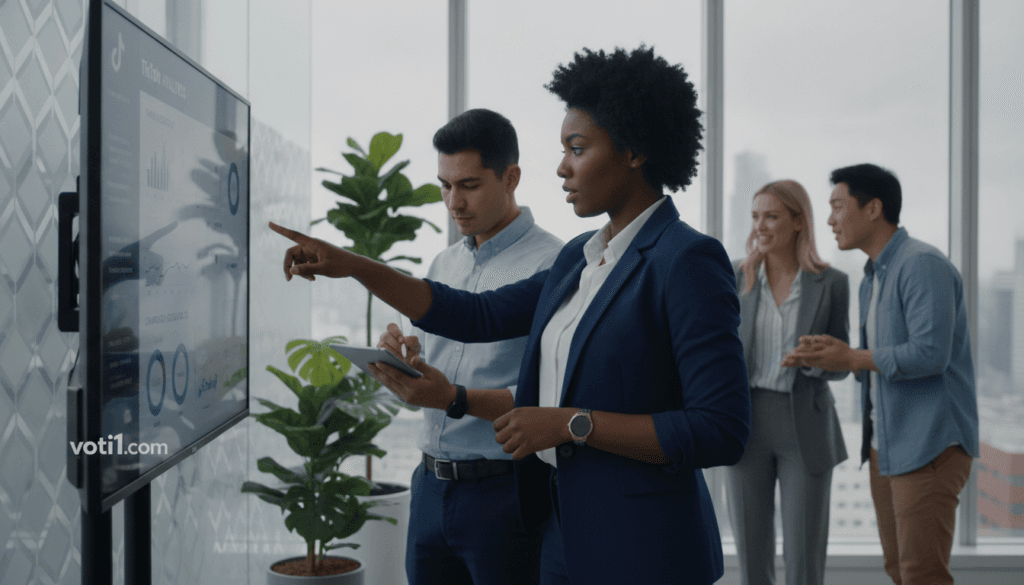 A vibrant scene depicting a team of diverse professionals in a modern office environment, gathered around a large screen showcasing TikTok analytics and campaign goals. In the foreground, a confident Black woman in business attire is pointing at the screen, while a Latino man in smart casual wear takes notes on a tablet. The middle ground features a white woman and an Asian man discussing ideas with enthusiasm. The background contains large windows allowing natural light to flood in, with green plants adding freshness. The atmosphere is one of collaboration and excitement, reflecting the goals of influencer marketing. Use soft, welcoming lighting to enhance the productive mood. The brand name "voti1.com" should be subtly integrated into the background design, ensuring professionalism and clarity. A vibrant scene depicting a team of diverse professionals in a modern office environment, gathered around a large screen showcasing TikTok analytics and campaign goals. In the foreground, a confident Black woman in business attire is pointing at the screen, while a Latino man in smart casual wear takes notes on a tablet. The middle ground features a white woman and an Asian man discussing ideas with enthusiasm. The background contains large windows allowing natural light to flood in, with green plants adding freshness. The atmosphere is one of collaboration and excitement, reflecting the goals of influencer marketing. Use soft, welcoming lighting to enhance the productive mood. The brand name "voti1.com" should be subtly integrated into the background design, ensuring professionalism and clarity.