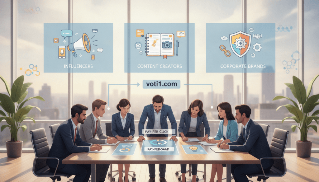 A visually engaging illustration depicting various types of affiliate marketing. In the foreground, feature a diverse group of professionals in business attire, discussing strategies around a large table with charts and graphs illustrating different affiliate models like pay-per-click, pay-per-sale, and pay-per-lead. In the middle, create distinct sections representing different promotional partners such as influencers, content creators, and corporate brands, each illustrated with relevant icons or symbols (e.g., a megaphone for influencers). The background should showcase a modern, well-lit office environment with glass walls and plants, enhancing a collaborative atmosphere. Use natural lighting to create a warm and inviting feel, capturing a sense of innovation and teamwork. Include the brand name "voti1.com" subtly integrated into the design of one of the charts, ensuring it fits harmoniously within the overall composition.