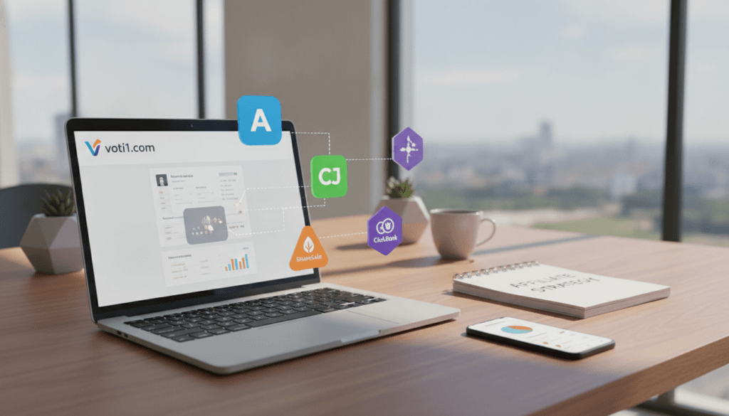 A visually engaging illustration showcasing various affiliate platform options. In the foreground, display a sleek laptop with an open webpage featuring the logo and interface of "voti1.com", surrounded by colorful icons representing popular affiliate platforms. In the middle, depict a minimalistic workspace with a notebook and a smartphone showing an affiliate marketing application. For the background, softly blur an office environment with a large window allowing natural light to illuminate the scene, casting gentle shadows. The atmosphere should be professional yet inviting, conveying a sense of opportunity and innovation for beginners in affiliate marketing. Use a slightly elevated angle to capture the depth of the workspace, ensuring realism and clarity in every detail. A visually engaging illustration showcasing various affiliate platform options. In the foreground, display a sleek laptop with an open webpage featuring the logo and interface of "voti1.com", surrounded by colorful icons representing popular affiliate platforms. In the middle, depict a minimalistic workspace with a notebook and a smartphone showing an affiliate marketing application. For the background, softly blur an office environment with a large window allowing natural light to illuminate the scene, casting gentle shadows. The atmosphere should be professional yet inviting, conveying a sense of opportunity and innovation for beginners in affiliate marketing. Use a slightly elevated angle to capture the depth of the workspace, ensuring realism and clarity in every detail.