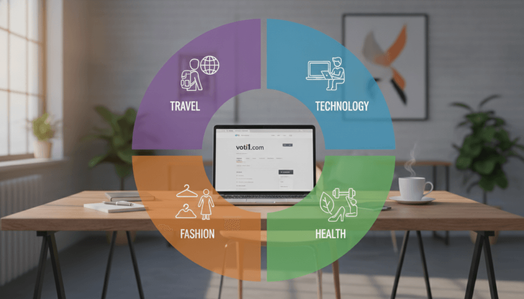 A visually engaging infographic showcasing "Affiliate Programs by Niche and Audience." In the foreground, display an elegantly designed pie chart divided into sections labeled with various niches such as technology, fashion, health, and travel. Each segment has icons representing their respective audiences, like a laptop for tech enthusiasts, stylish clothing for fashion admirers, and wellness symbols for health-conscious individuals. In the middle ground, illustrate a clean, organized desk with a laptop open to the website voti1.com, reflecting a professional setting. The background features a soft blurred office environment, enhancing focus on the infographic. Use warm, natural lighting to create an inviting atmosphere, captured with a wide-angle lens to emphasize the depth of the scene while maintaining a clean, sophisticated look devoid of text or overlays. A visually engaging infographic showcasing "Affiliate Programs by Niche and Audience." In the foreground, display an elegantly designed pie chart divided into sections labeled with various niches such as technology, fashion, health, and travel. Each segment has icons representing their respective audiences, like a laptop for tech enthusiasts, stylish clothing for fashion admirers, and wellness symbols for health-conscious individuals. In the middle ground, illustrate a clean, organized desk with a laptop open to the website voti1.com, reflecting a professional setting. The background features a soft blurred office environment, enhancing focus on the infographic. Use warm, natural lighting to create an inviting atmosphere, captured with a wide-angle lens to emphasize the depth of the scene while maintaining a clean, sophisticated look devoid of text or overlays.