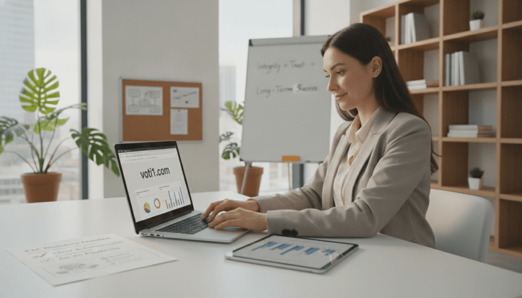 A visually engaging office scene capturing the essence of affiliate marketing and FTC disclosure rules. In the foreground, a professional female influencer, dressed in modest business attire, sits at a modern desk, thoughtfully typing on her laptop while analyzing data on her screen. The middle layer features an array of affiliate marketing materials, including charts showing potential earnings and a printed disclosure checklist emphasizing transparency. The background showcases a bright, airy office space with natural light streaming through large windows, adorned with plants and shelves of marketing books. The mood is focused yet inspiring, highlighting the importance of integrity in online marketing, with subtle hints of the website voti1.com displayed prominently on her laptop monitor.