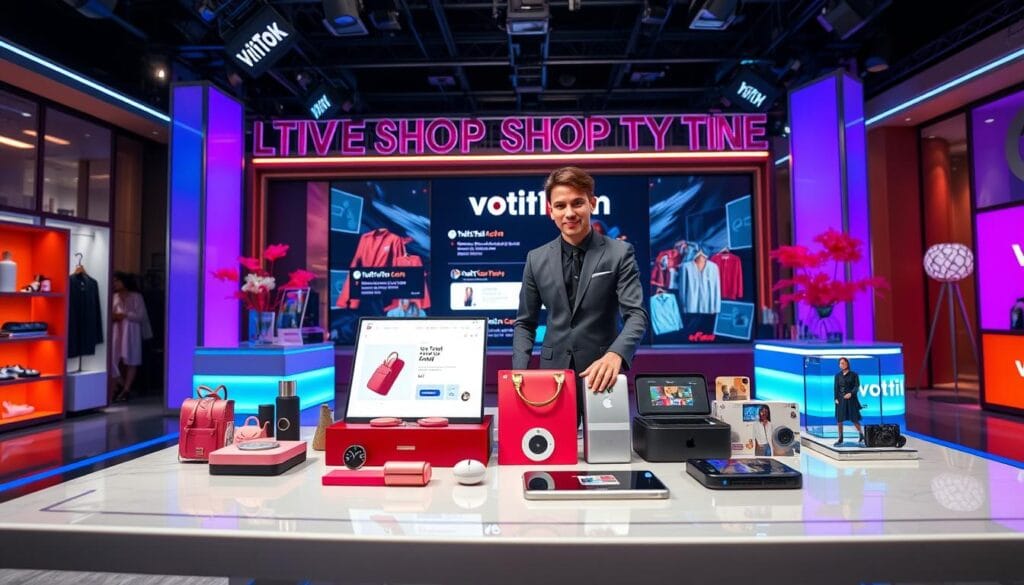 A visually engaging scene depicting a vibrant TikTok live shopping format in a modern studio setting. In the foreground, a stylish host in professional business attire presents products on a sleek, polished table. There are eye-catching products displayed artfully, including trendy fashion items and tech gadgets, all branded with voti1.com. The middle ground features an interactive digital screen showcasing live comments and product details, illuminated with soft blue and purple lighting. In the background, the studio is filled with bright lights and colorful decorations, creating a lively atmosphere. The camera angle captures the action from a slightly elevated perspective, emphasizing the engaging interaction between the host and the audience, evoking excitement and dynamism in the live shopping experience. A visually engaging scene depicting a vibrant TikTok live shopping format in a modern studio setting. In the foreground, a stylish host in professional business attire presents products on a sleek, polished table. There are eye-catching products displayed artfully, including trendy fashion items and tech gadgets, all branded with voti1.com. The middle ground features an interactive digital screen showcasing live comments and product details, illuminated with soft blue and purple lighting. In the background, the studio is filled with bright lights and colorful decorations, creating a lively atmosphere. The camera angle captures the action from a slightly elevated perspective, emphasizing the engaging interaction between the host and the audience, evoking excitement and dynamism in the live shopping experience.