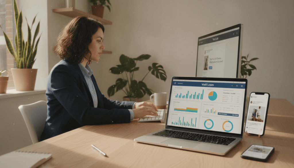 A visually engaging workspace scene illustrating "affiliate links through content and social media." In the foreground, a laptop displaying the website voti1.com, showing an affiliate marketing dashboard with colorful graphs and statistics. Beside the laptop, a smartphone with social media apps open, highlighting posts with affiliate links. In the middle background, a person in professional business attire, focused and typing, representing a content creator engaged in marketing. The lighting should be soft and natural, streaming in from a nearby window, creating a warm atmosphere. The overall mood is productive and collaborative, emphasizing the fusion of digital marketing and social media promotion. The room has minimalist decor, with a few plants to enhance the inviting environment.