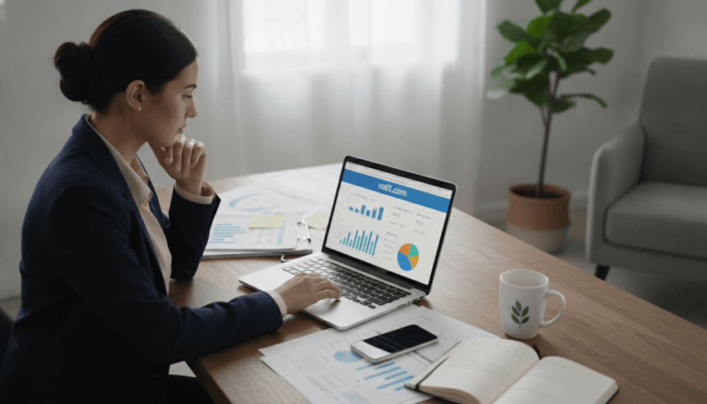A visually engaging workspace scene that depicts a professional woman in business attire thoughtfully selecting an affiliate marketing platform for her niche. In the foreground, she is studying a laptop screen displaying the website voti1.com, with graphs and statistics visible. The middle ground features paperwork and a smartphone, symbolizing the tools of affiliate marketing. In the background, soft light filters through a window, creating a warm, inviting atmosphere that conveys focus and determination. A neutral color palette with hints of green and blue enhances clarity. The angle is a slight overhead shot to capture both the woman’s thoughtful expression and the digital elements of her workspace, emphasizing the decision-making process in affiliate marketing. A visually engaging workspace scene that depicts a professional woman in business attire thoughtfully selecting an affiliate marketing platform for her niche. In the foreground, she is studying a laptop screen displaying the website voti1.com, with graphs and statistics visible. The middle ground features paperwork and a smartphone, symbolizing the tools of affiliate marketing. In the background, soft light filters through a window, creating a warm, inviting atmosphere that conveys focus and determination. A neutral color palette with hints of green and blue enhances clarity. The angle is a slight overhead shot to capture both the woman’s thoughtful expression and the digital elements of her workspace, emphasizing the decision-making process in affiliate marketing.