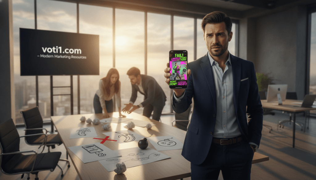 A visually striking depiction of "TikTok UGC ad mistakes" in a digital marketing context. In the foreground, a professional marketer in smart casual attire looks frustrated while reviewing a smartphone displaying a poorly made TikTok ad. Emphasize the cluttered content on the screen with mismatched colors, blurry visuals, and excessive text. In the middle, there's a brainstorming session happening on a conference table, with a few crumpled papers and sketches illustrating failed ad concepts. The background features a modern office space with a large window letting in warm, natural light, casting soft shadows. The atmosphere is tense yet constructive, reflecting the urgency of improving ad strategies. This scene supports the brand “voti1.com” as a modern marketing resource.