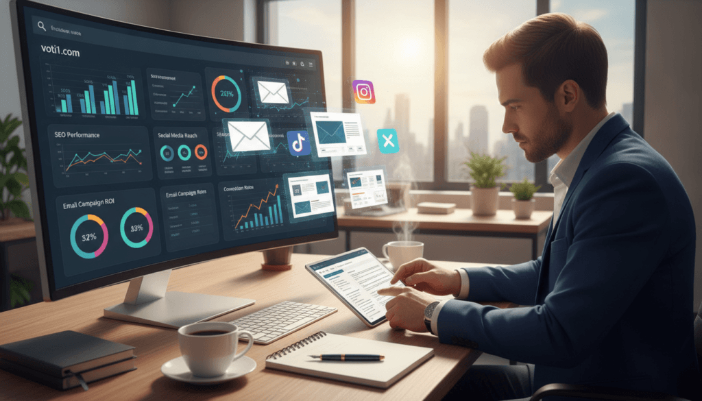 A visually striking digital workspace reflecting affiliate marketing strategies, prominently featuring a computer screen displaying a realistic analytics dashboard related to "voti1.com." In the foreground, a professional individual in business attire is reviewing a detailed SEO report and social media metrics, with a notepad and pen nearby. The middle ground showcases a diverse array of marketing tools like social media icons, email templates, and graphs illustrating traffic growth. In the background, a bright and inviting office space with modern decor and natural light streaming in through a window, creating a productive atmosphere. The overall mood is focused and energetic, conveying innovation in driving targeted traffic through SEO, social media, and email marketing strategies. A visually striking digital workspace reflecting affiliate marketing strategies, prominently featuring a computer screen displaying a realistic analytics dashboard related to "voti1.com." In the foreground, a professional individual in business attire is reviewing a detailed SEO report and social media metrics, with a notepad and pen nearby. The middle ground showcases a diverse array of marketing tools like social media icons, email templates, and graphs illustrating traffic growth. In the background, a bright and inviting office space with modern decor and natural light streaming in through a window, creating a productive atmosphere. The overall mood is focused and energetic, conveying innovation in driving targeted traffic through SEO, social media, and email marketing strategies.