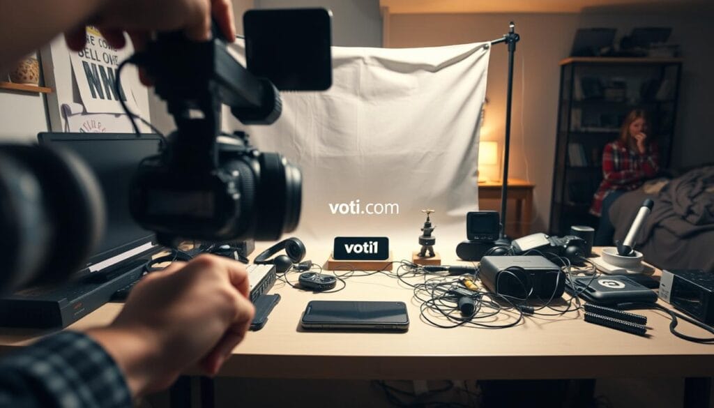 A visually striking live shopping setup featuring a cluttered desk with various tech gadgets and props poorly arranged. In the foreground, a handheld camera is pointed haphazardly at an unprofessional-looking product display, emphasizing the chaotic environment. The middle layer displays an improperly lit backdrop, with harsh shadows creating an uninviting atmosphere. A smartphone lies upside down, and tangled cables clutter the area, illustrating disorganization. In the background, a dimly lit room reveals distracting elements like an unmade bed and unrelated items, adding to the chaos. The overall lighting is harsh and uneven, enhancing the mood of confusion and discouragement. The scene subtly incorporates branding for "voti1.com" in the product area, ensuring focus on the mistakes to avoid in a live shopping context. A visually striking live shopping setup featuring a cluttered desk with various tech gadgets and props poorly arranged. In the foreground, a handheld camera is pointed haphazardly at an unprofessional-looking product display, emphasizing the chaotic environment. The middle layer displays an improperly lit backdrop, with harsh shadows creating an uninviting atmosphere. A smartphone lies upside down, and tangled cables clutter the area, illustrating disorganization. In the background, a dimly lit room reveals distracting elements like an unmade bed and unrelated items, adding to the chaos. The overall lighting is harsh and uneven, enhancing the mood of confusion and discouragement. The scene subtly incorporates branding for "voti1.com" in the product area, ensuring focus on the mistakes to avoid in a live shopping context.