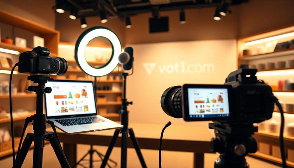 A well-equipped livestream studio for live shopping, featuring a professional-grade camera setup with a DSLR positioned on a tripod, capturing a well-lit tabletop display of products. The foreground includes a sleek laptop displaying a vibrant shopping interface, while a high-quality microphone is placed nearby for clear audio. In the middle, an adjustable ring light casts soft, even illumination, enhancing product visibility. On the background, shelves neatly arranged with merchandise highlight a modern, inviting atmosphere. Warm tones dominate the setting, suggesting a friendly and engaging shopping experience. The scene conveys a sense of professionalism and excitement, reflecting the theme of success in live shopping. The brand logo “voti1.com” subtly integrated into the backdrop adds a touch of identity to the setup. A well-equipped livestream studio for live shopping, featuring a professional-grade camera setup with a DSLR positioned on a tripod, capturing a well-lit tabletop display of products. The foreground includes a sleek laptop displaying a vibrant shopping interface, while a high-quality microphone is placed nearby for clear audio. In the middle, an adjustable ring light casts soft, even illumination, enhancing product visibility. On the background, shelves neatly arranged with merchandise highlight a modern, inviting atmosphere. Warm tones dominate the setting, suggesting a friendly and engaging shopping experience. The scene conveys a sense of professionalism and excitement, reflecting the theme of success in live shopping. The brand logo “voti1.com” subtly integrated into the backdrop adds a touch of identity to the setup.