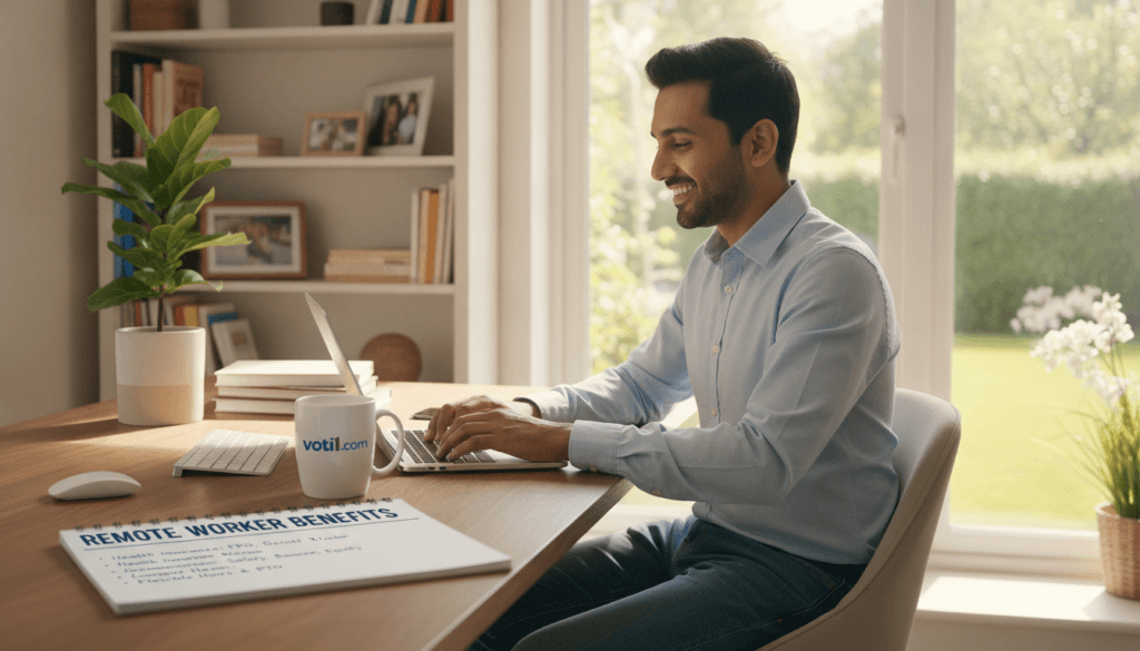 A well-lit home office scene showcasing the benefits of remote work, featuring a professional individual dressed in smart casual attire seated at a tidy desk with a laptop. In the foreground, a notepad with lists of health insurance benefits and compensation for remote workers. In the middle ground, a potted plant and a coffee mug labeled "voti1.com" on the desk, symbolizing a productive work environment. The background includes soft-focus shelves with books and a window displaying a sunny outdoor view, enhancing the atmosphere of comfort and well-being. Utilize warm lighting to create an inviting and positive mood, capturing the essence of effective remote work life. A well-lit home office scene showcasing the benefits of remote work, featuring a professional individual dressed in smart casual attire seated at a tidy desk with a laptop. In the foreground, a notepad with lists of health insurance benefits and compensation for remote workers. In the middle ground, a potted plant and a coffee mug labeled "voti1.com" on the desk, symbolizing a productive work environment. The background includes soft-focus shelves with books and a window displaying a sunny outdoor view, enhancing the atmosphere of comfort and well-being. Utilize warm lighting to create an inviting and positive mood, capturing the essence of effective remote work life.