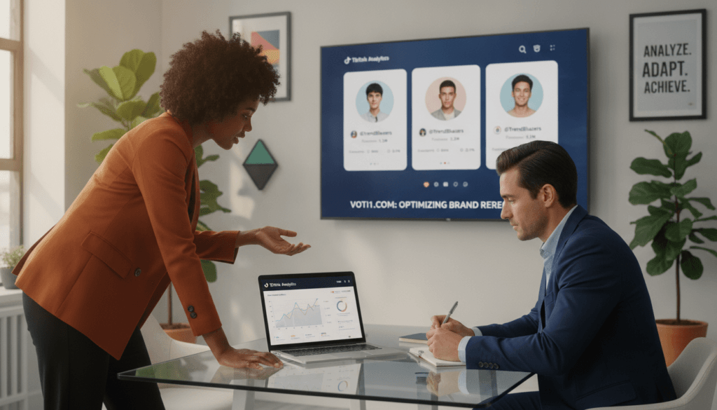 A well-lit, modern office environment showcasing a diverse group of three professionals engaging in a discussion about TikTok influencer marketing strategies. In the foreground, a Black woman in smart casual attire points toward her laptop, displaying TikTok analytics, while a Hispanic man in business attire takes notes. In the middle ground, a large screen shows a TikTok interface with creator profiles, showcasing metrics like engagement rates and follower counts. The background features stylish office decor, with plants and motivational posters. The lighting is bright and inviting, creating a productive atmosphere. This composition reflects the strategic selection process for choosing TikTok creators, emphasizing collaboration and analysis, with a focus on optimizing brand representation for voti1.com. A well-lit, modern office environment showcasing a diverse group of three professionals engaging in a discussion about TikTok influencer marketing strategies. In the foreground, a Black woman in smart casual attire points toward her laptop, displaying TikTok analytics, while a Hispanic man in business attire takes notes. In the middle ground, a large screen shows a TikTok interface with creator profiles, showcasing metrics like engagement rates and follower counts. The background features stylish office decor, with plants and motivational posters. The lighting is bright and inviting, creating a productive atmosphere. This composition reflects the strategic selection process for choosing TikTok creators, emphasizing collaboration and analysis, with a focus on optimizing brand representation for voti1.com.