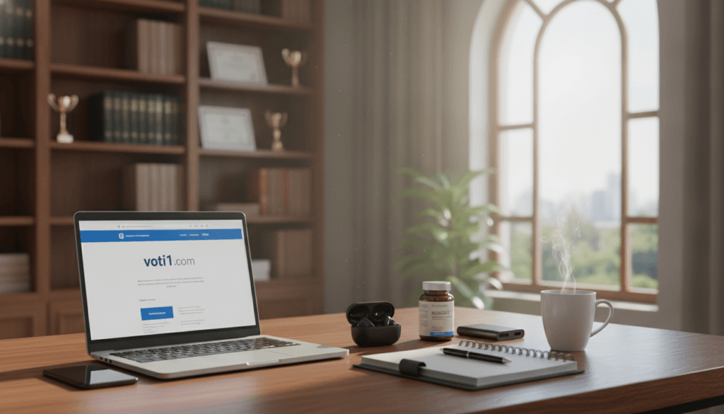 A well-lit, professional setup showcasing trustworthy affiliate products for an online marketing theme. In the foreground, a polished wooden desk holds a laptop open to a website displaying the brand name "voti1.com", next to neatly arranged items such as a stylish planner, a coffee cup, and some high-quality product samples like health supplements and tech gadgets. The middle ground features a blurred-out bookshelf filled with marketing books and awards, suggesting knowledge and credibility. In the background, soft natural light filters through a large window, casting a warm, inviting glow across the scene. The atmosphere is one of professionalism and reliability, ideal for an article focused on affiliate marketing strategies. A well-lit, professional setup showcasing trustworthy affiliate products for an online marketing theme. In the foreground, a polished wooden desk holds a laptop open to a website displaying the brand name "voti1.com", next to neatly arranged items such as a stylish planner, a coffee cup, and some high-quality product samples like health supplements and tech gadgets. The middle ground features a blurred-out bookshelf filled with marketing books and awards, suggesting knowledge and credibility. In the background, soft natural light filters through a large window, casting a warm, inviting glow across the scene. The atmosphere is one of professionalism and reliability, ideal for an article focused on affiliate marketing strategies.